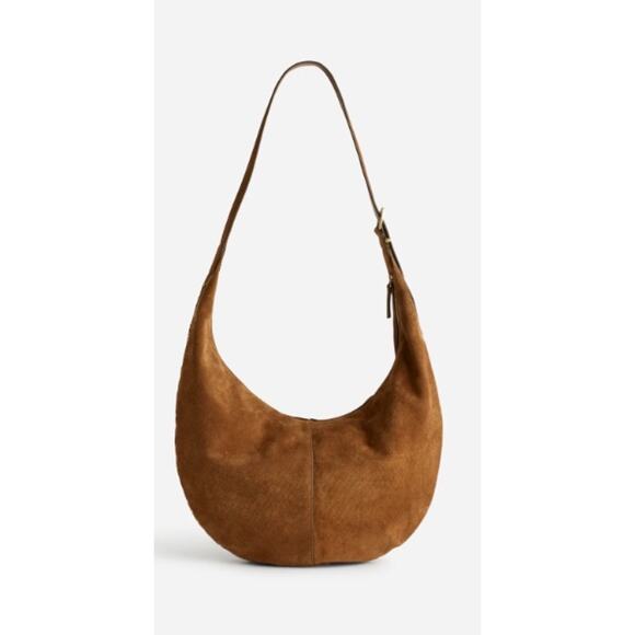 New! Madewell The Essential Curve Shoulder Bag Suede Adjustable Strap Cognac - Picture 2 of 10
